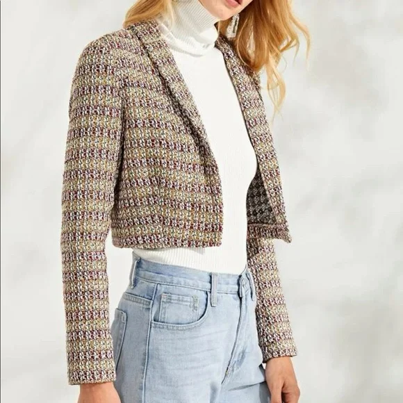 Tweed Shawl Collar One Snap Button Crop Kacket - Picture 6 of 9